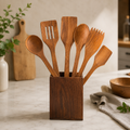 HNS Living 6-Piece Wooden Kitchen Utensil Set with Holder