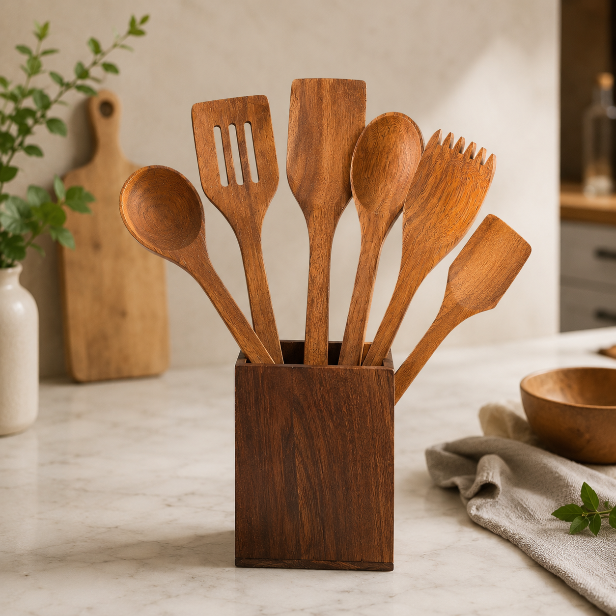 HNS Living 6-Piece Wooden Kitchen Utensil Set with Holder