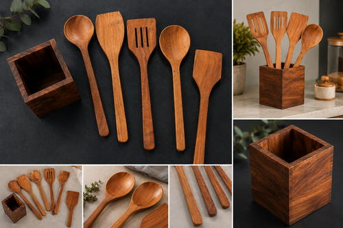 HNS Living 6-Piece Wooden Kitchen Utensil Set with Holder